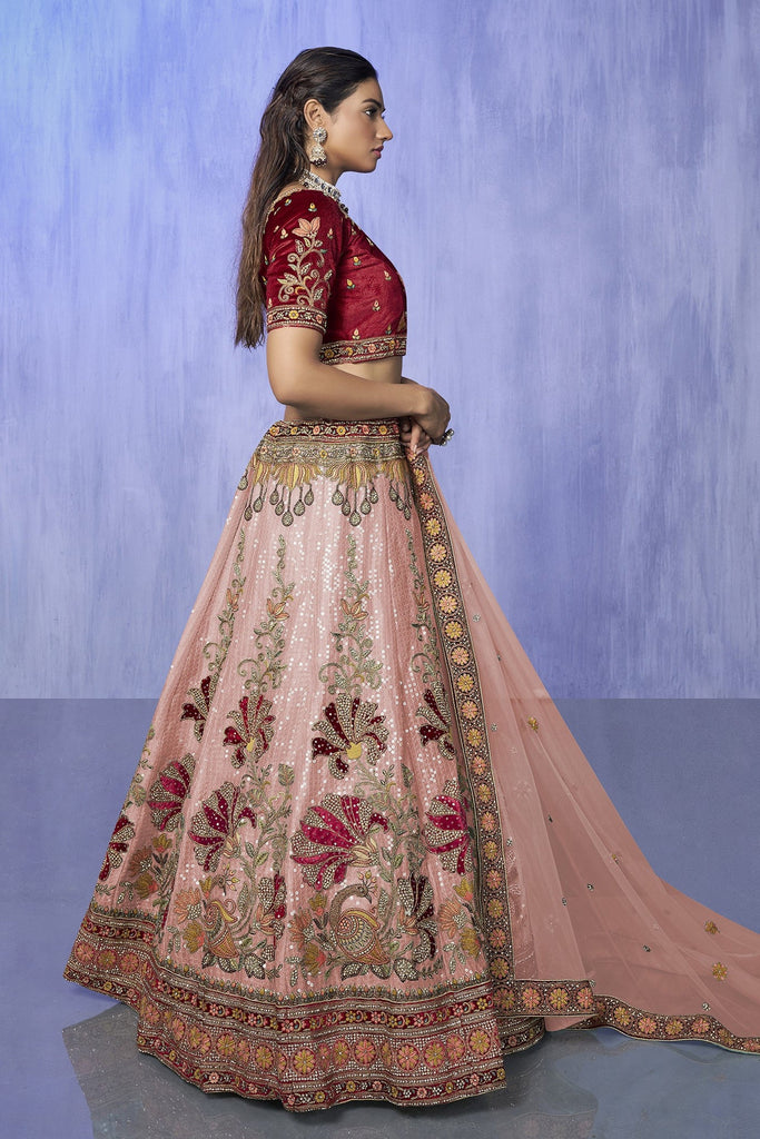 Peach Pakistani Velvet Lehenga Choli For Indian Festivals & Weddings