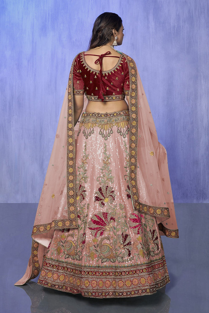 Peach Pakistani Velvet Lehenga Choli For Indian Festivals & Weddings