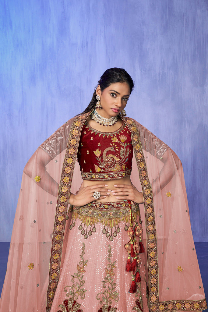 Peach Pakistani Velvet Lehenga Choli For Indian Festivals & Weddings