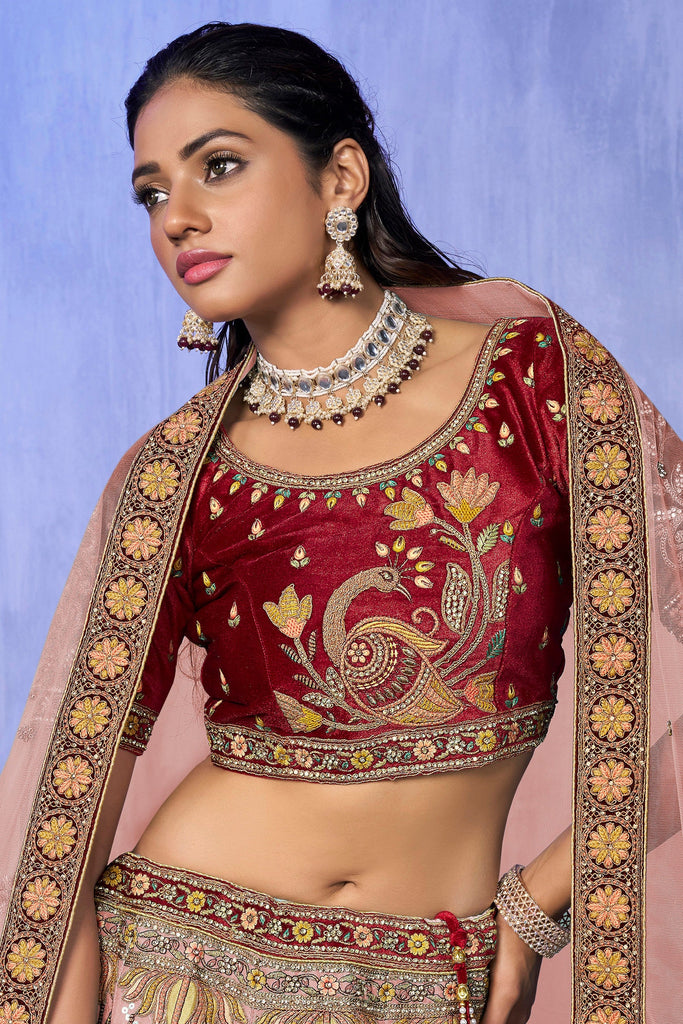 Peach Pakistani Velvet Lehenga Choli For Indian Festivals & Weddings