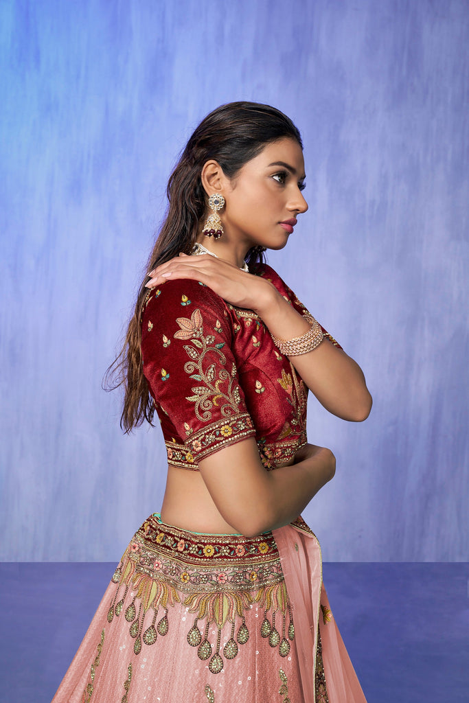 Peach Pakistani Velvet Lehenga Choli For Indian Festivals & Weddings