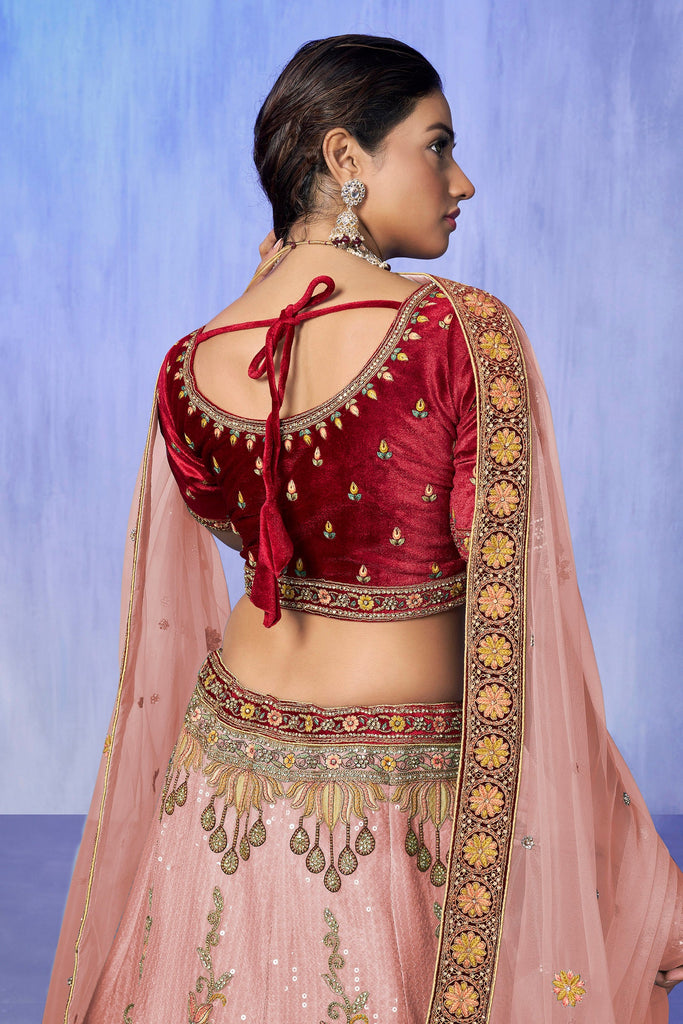 Peach Pakistani Velvet Lehenga Choli For Indian Festivals & Weddings