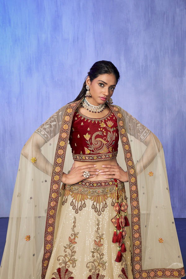 White Pakistani Velvet Lehenga Choli For Indian Festivals & Weddings