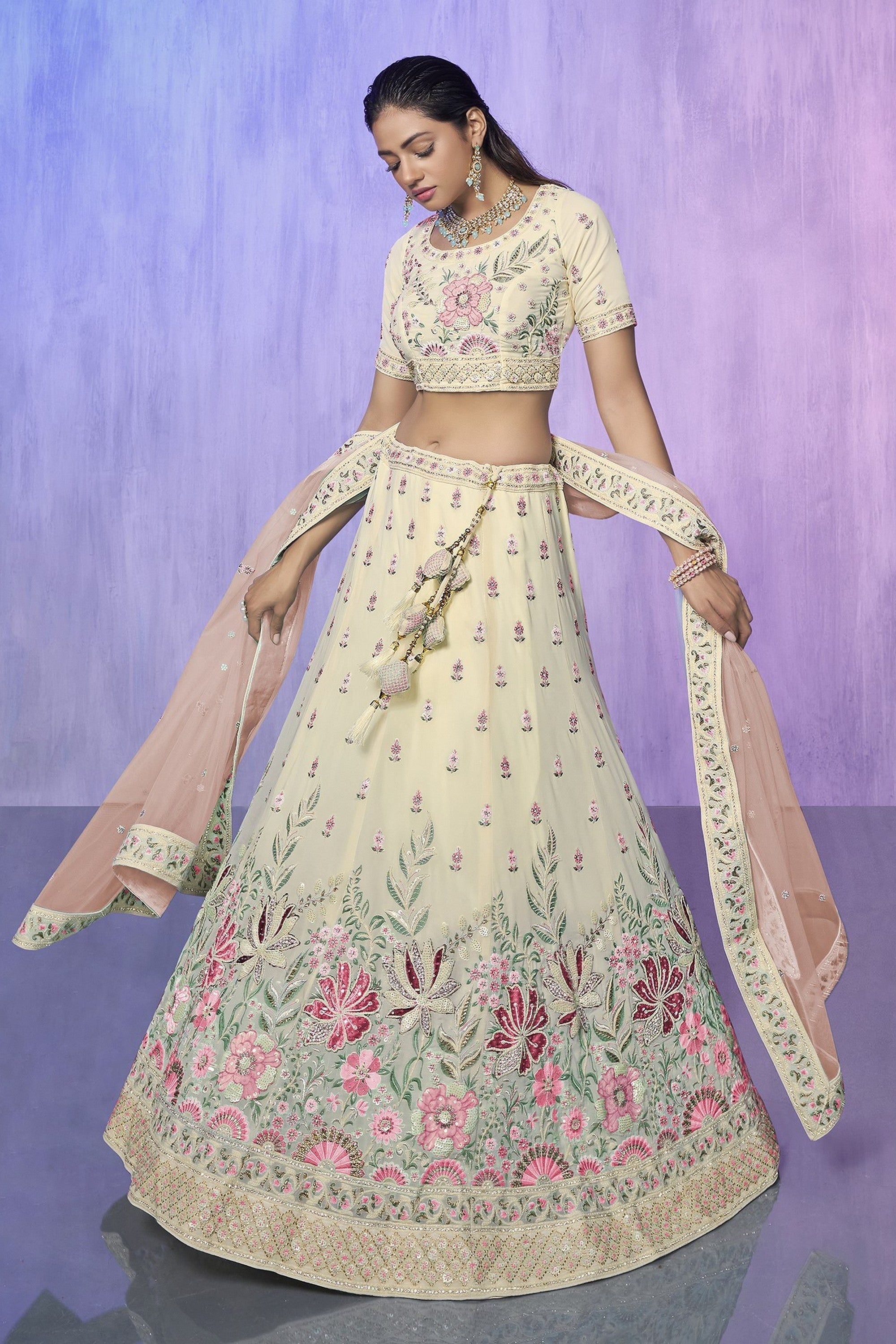 White Pakistani Georgette Lehenga Choli For Indian Festivals & Weddings Main image