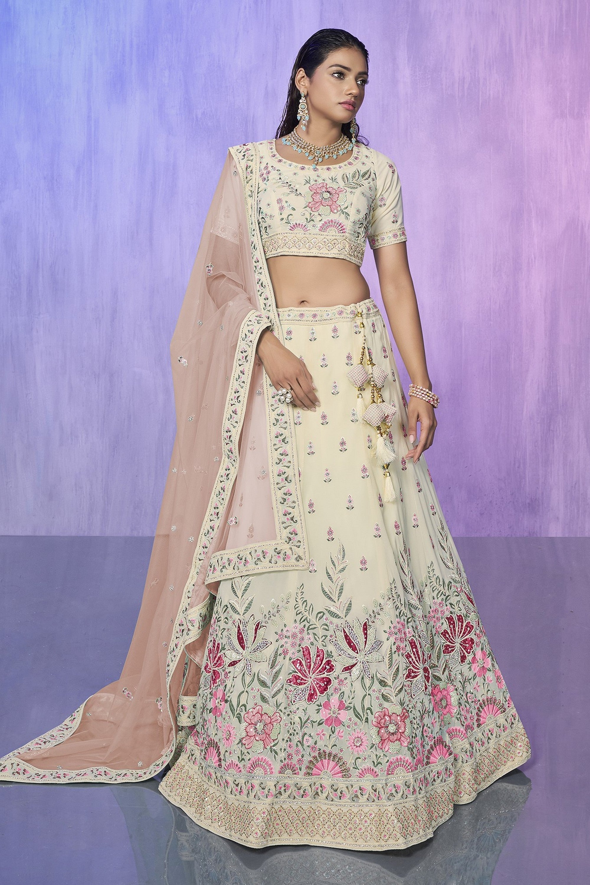 White Pakistani Georgette Lehenga Choli For Indian Festivals & Weddings Secondary image