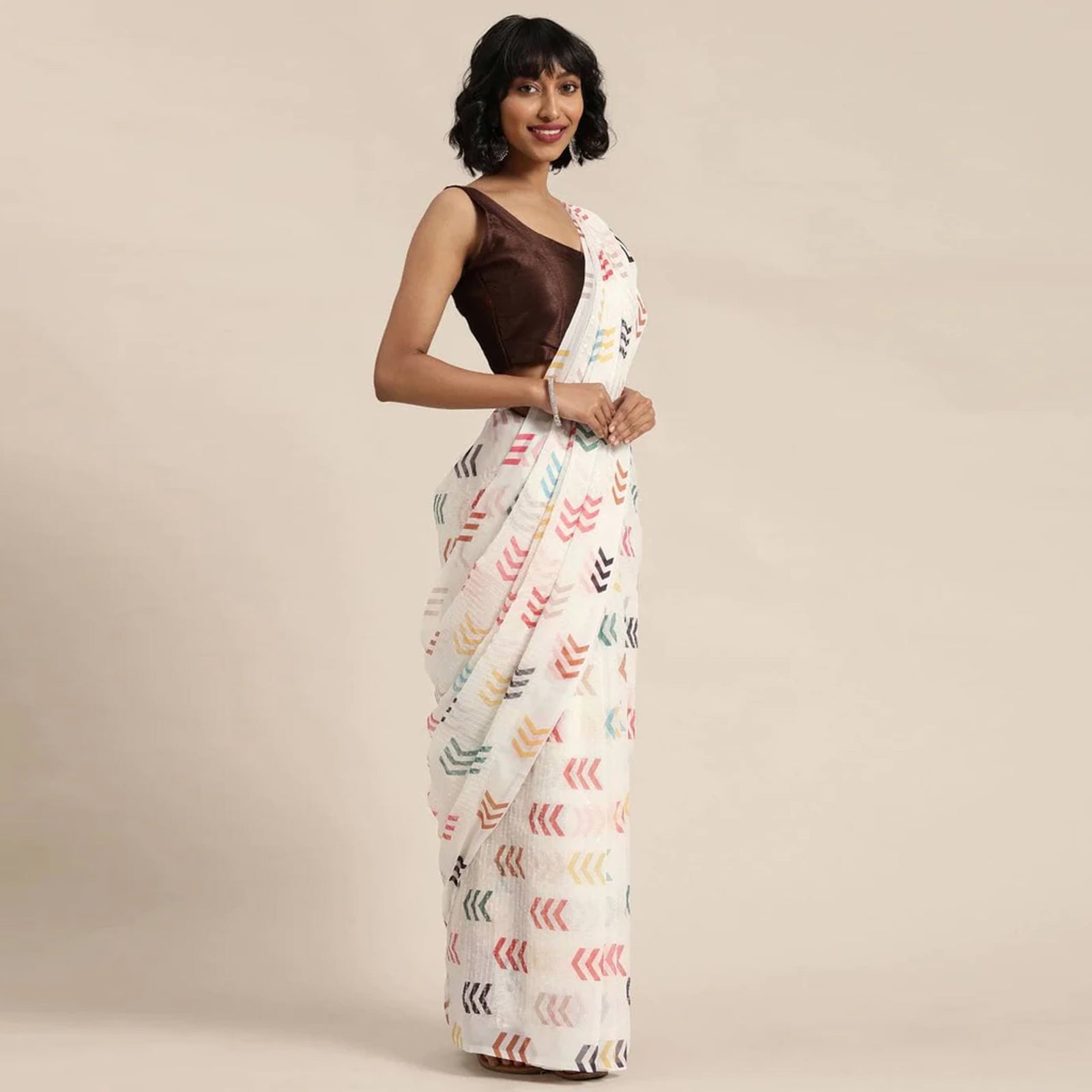 Full sequence White Saree with Coffee Blouse ClothsVilla