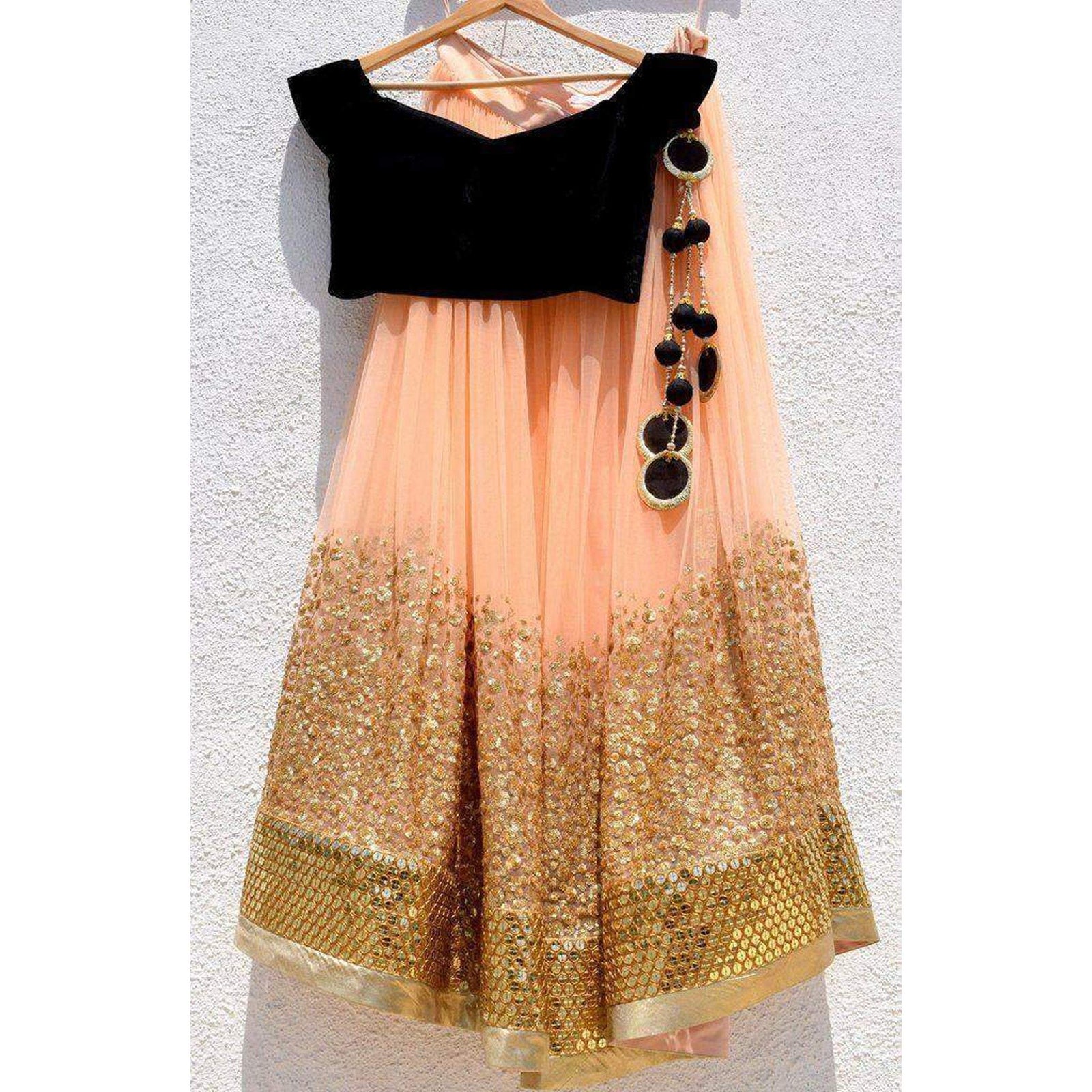 Georgette Lehenga Choli in Peach Color and Black Blouse ClothsVilla