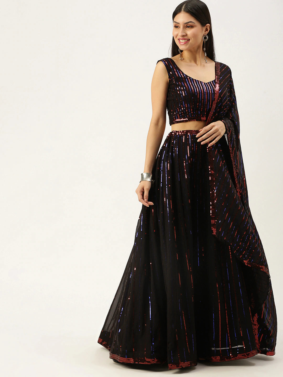Black Embellished Sequinned Net Lehenga with Heavy Sequinned Dupatta ClothsVilla