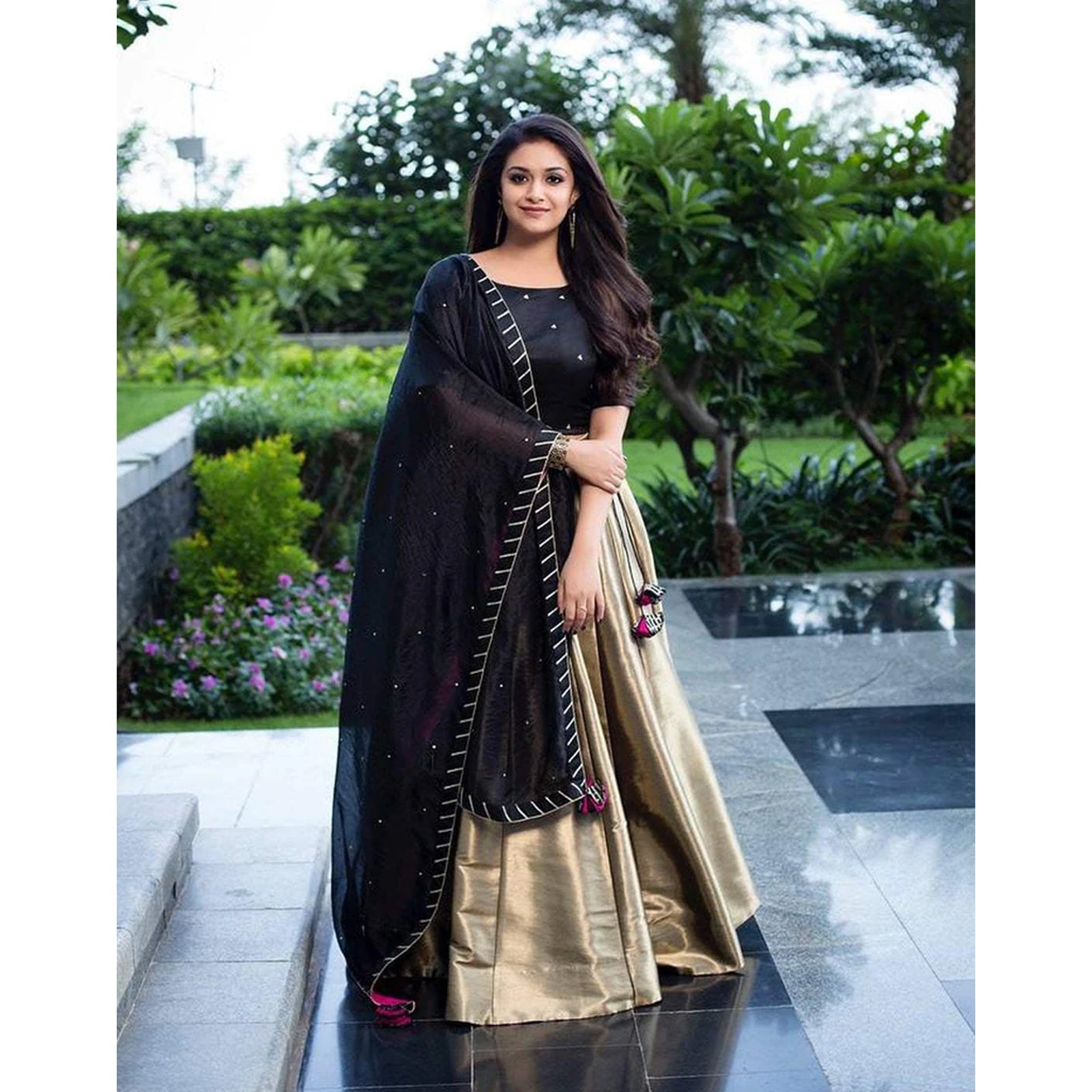 Gold And Black Designer Lehenga Choli with Moti Work Dupatta ClothsVilla