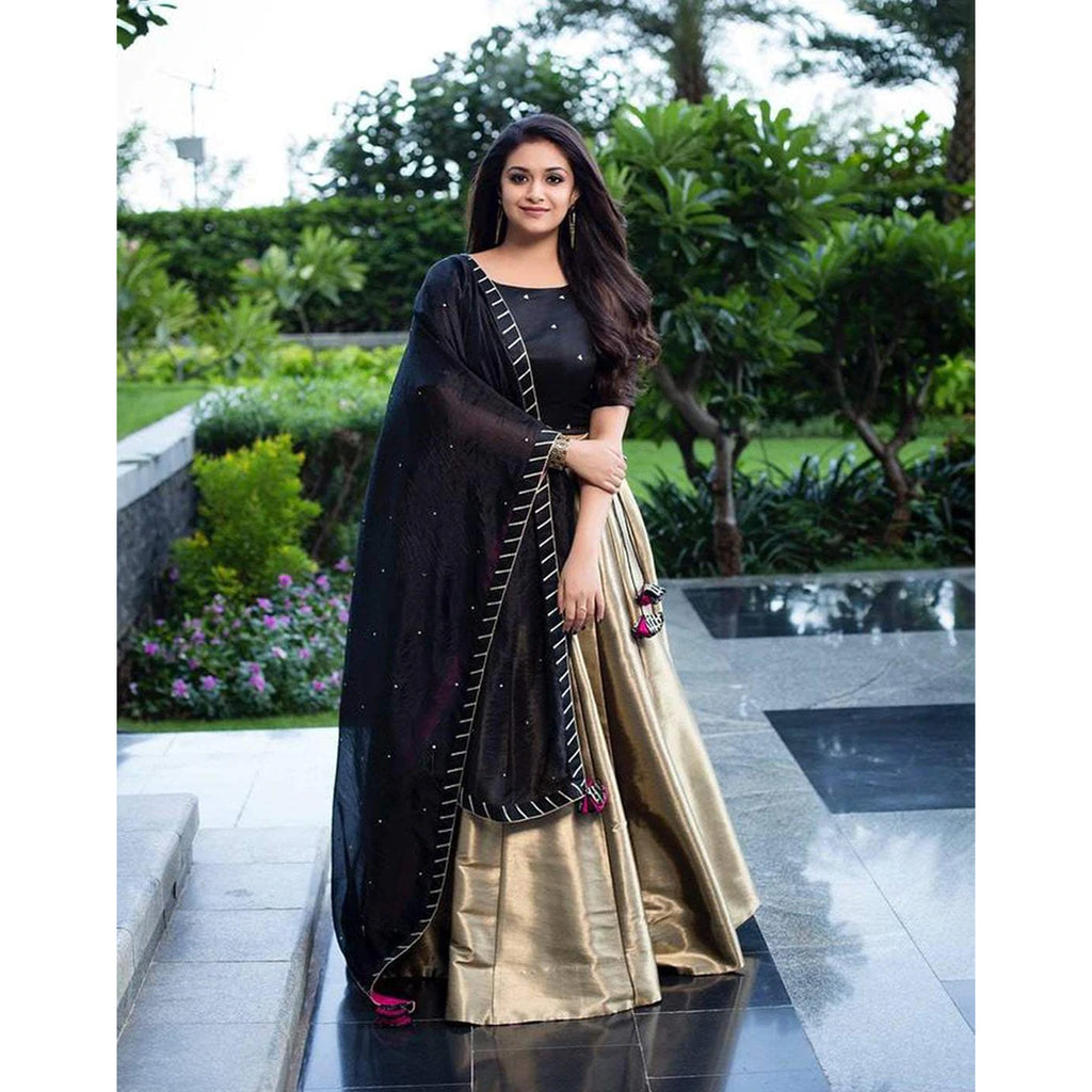 Gold And Black Designer Lehenga Choli with Moti Work Dupatta ClothsVilla