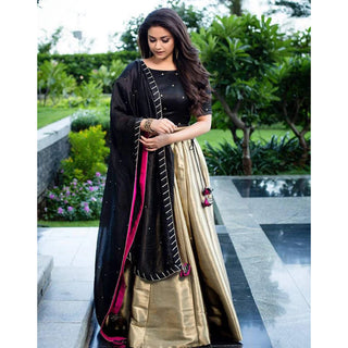 Gold And Black Designer Lehenga Choli with Moti Work Dupatta ClothsVilla