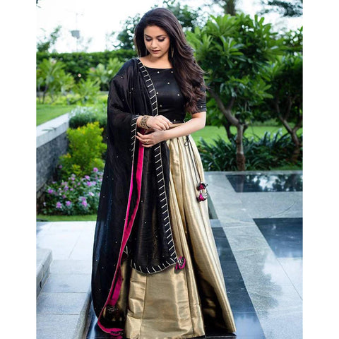 Gold And Black Designer Lehenga Choli with Moti Work Dupatta ClothsVilla Main image