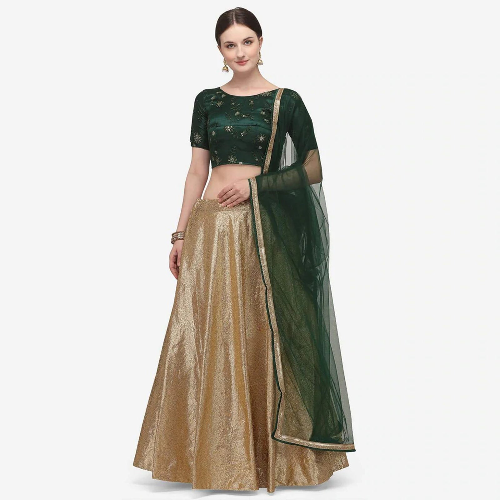 Gold And Green Indore Silk Lehenga Choli with Net Dupatta ClothsVilla