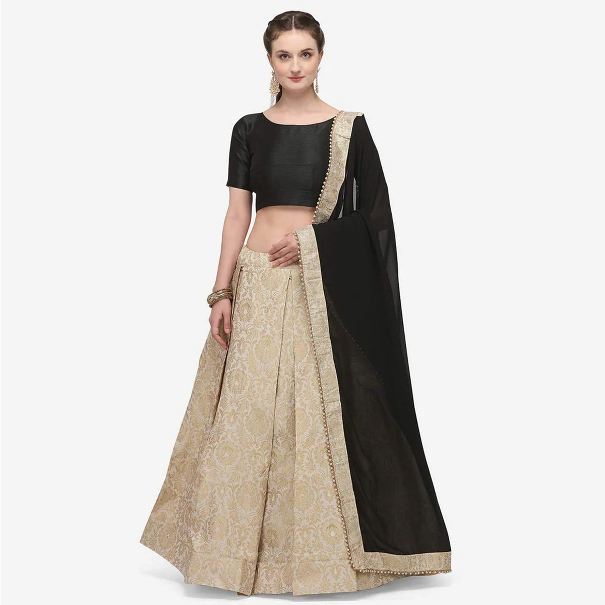 Lehenga Choli in Golden Sequence Skirt with Black Blouse