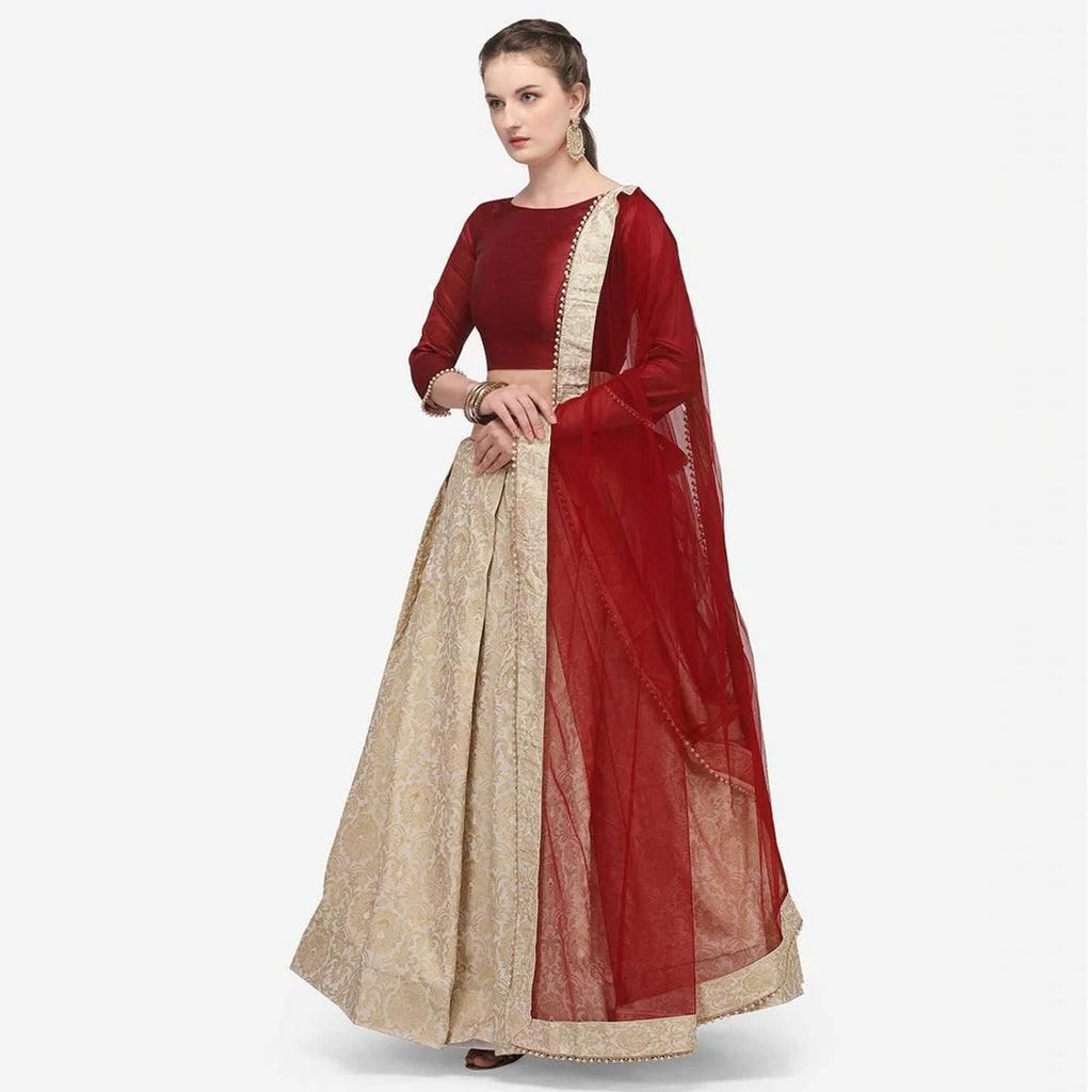 Gold Color Banarasi Lehenga with Red Blouse ClothsVilla
