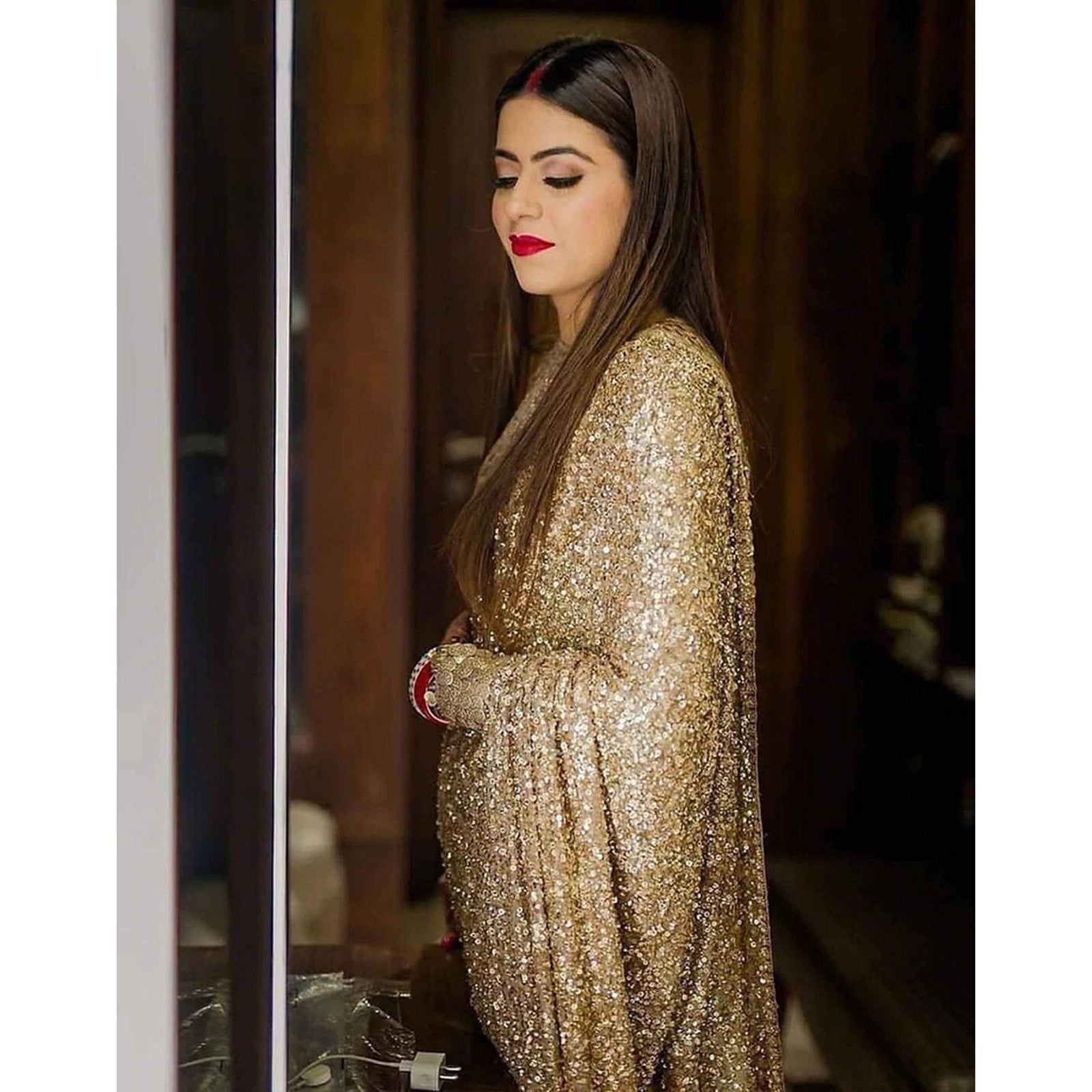 Gold Color Shimmer Party Wear Glitter Sequence Saree for Wedding ClothsVilla