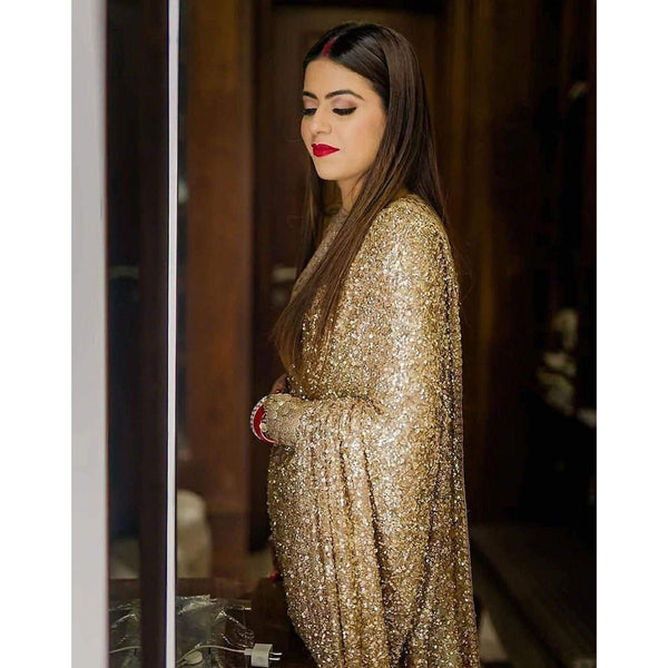 Gold Color Shimmer Party Wear Glitter Sequence Saree for Wedding ClothsVilla