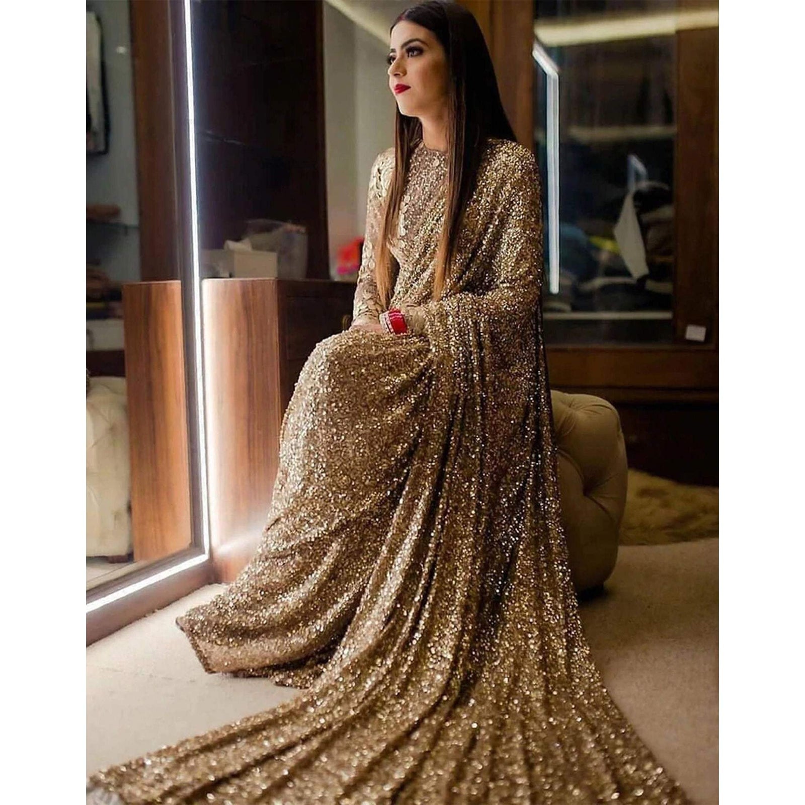 Gold Color Shimmer Party Wear Glitter Sequence Saree for Wedding ClothsVilla