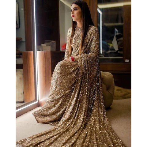 Gold Color Shimmer Party Wear Glitter Sequence Saree for Wedding ClothsVilla Main image