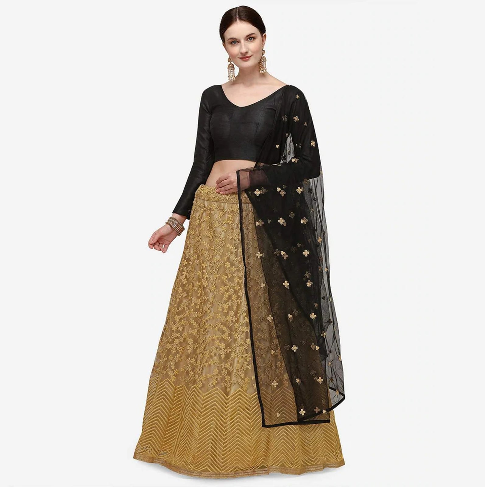 Gold Lehenga with Embroidery Work and Black Top ClothsVilla