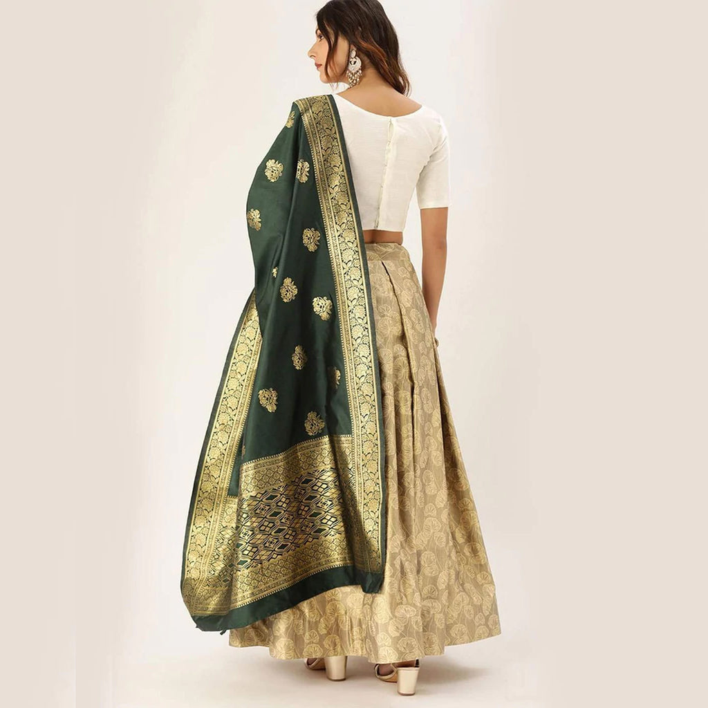 Gold Satin Lehenga with Banarasi Silk Dupatta ClothsVilla