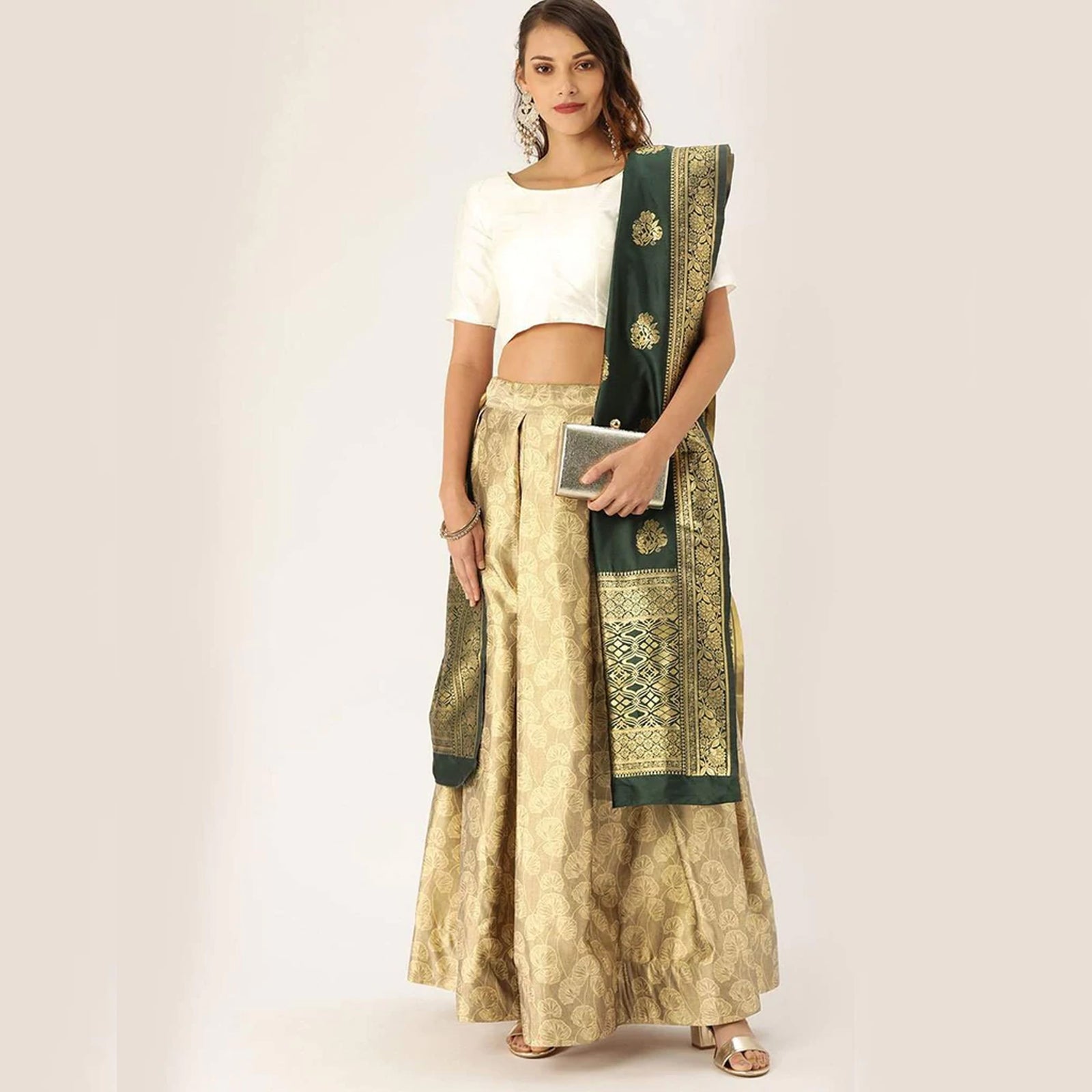 Gold Satin Lehenga with Banarasi Silk Dupatta ClothsVilla