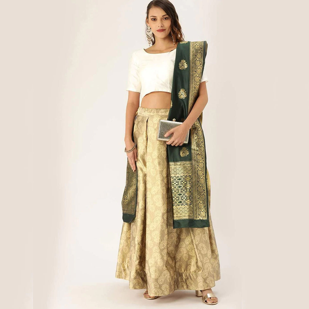 Gold Satin Lehenga with Banarasi Silk Dupatta ClothsVilla