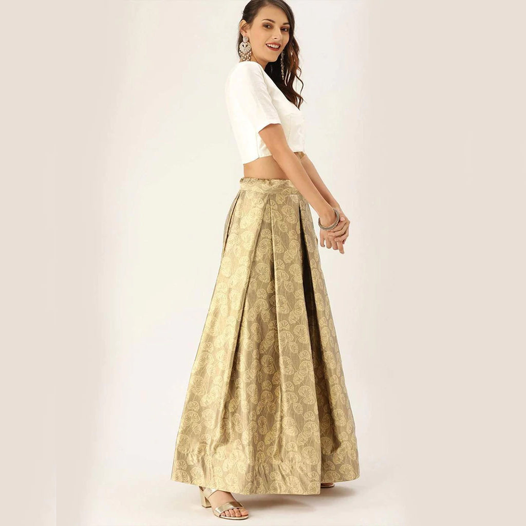 Gold Satin Lehenga with Banarasi Silk Dupatta ClothsVilla