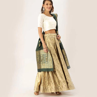 Gold Satin Lehenga with Banarasi Silk Dupatta ClothsVilla