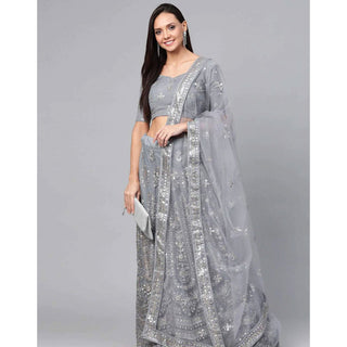 Regent Grey Thread, Sequence and Zari Work Lehenga choli ClothsVilla