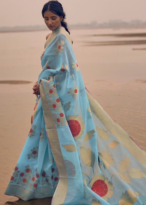 Azure Blue Woven Linen Silk Saree with Floral Motif on Pallu and Border Clothsvilla Main image