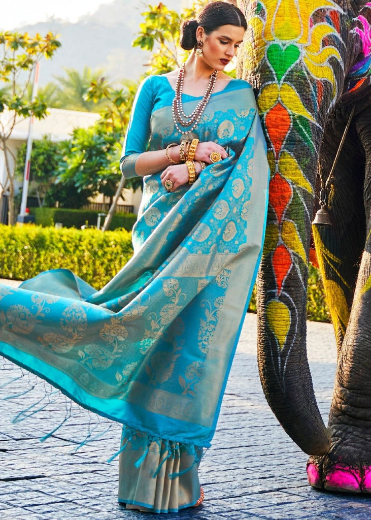 Sky Blue Handloom Weave Kanjivaram Silk Saree Clothsvilla