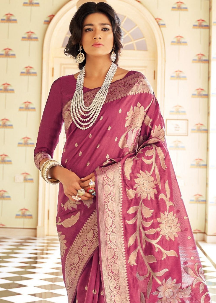 Ruby Pink Handloom Weaving Silk Saree with Floral Zari work on Pallu Clothsvilla