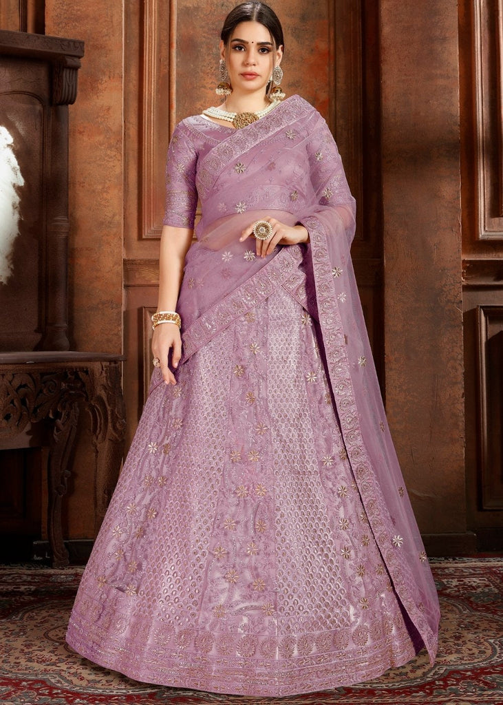 Lavender Purple Soft Net Lehenga Choli with Thread,Zari, Zarkan & Pearl work Clothsvilla