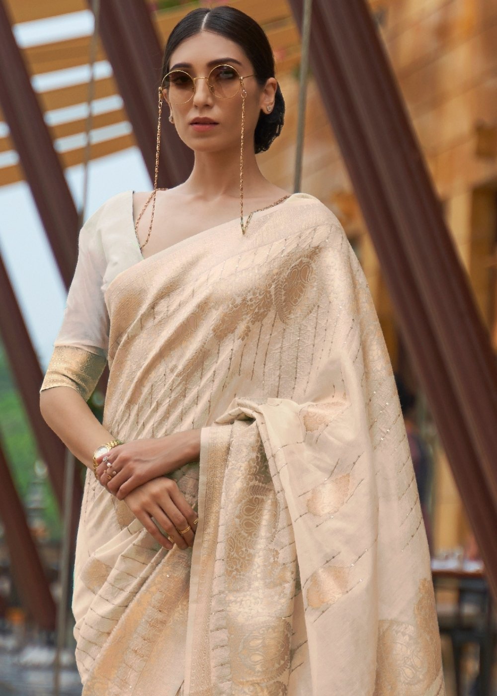 Tan Brown Zari Woven Silk Saree with Sequins work Secondary image