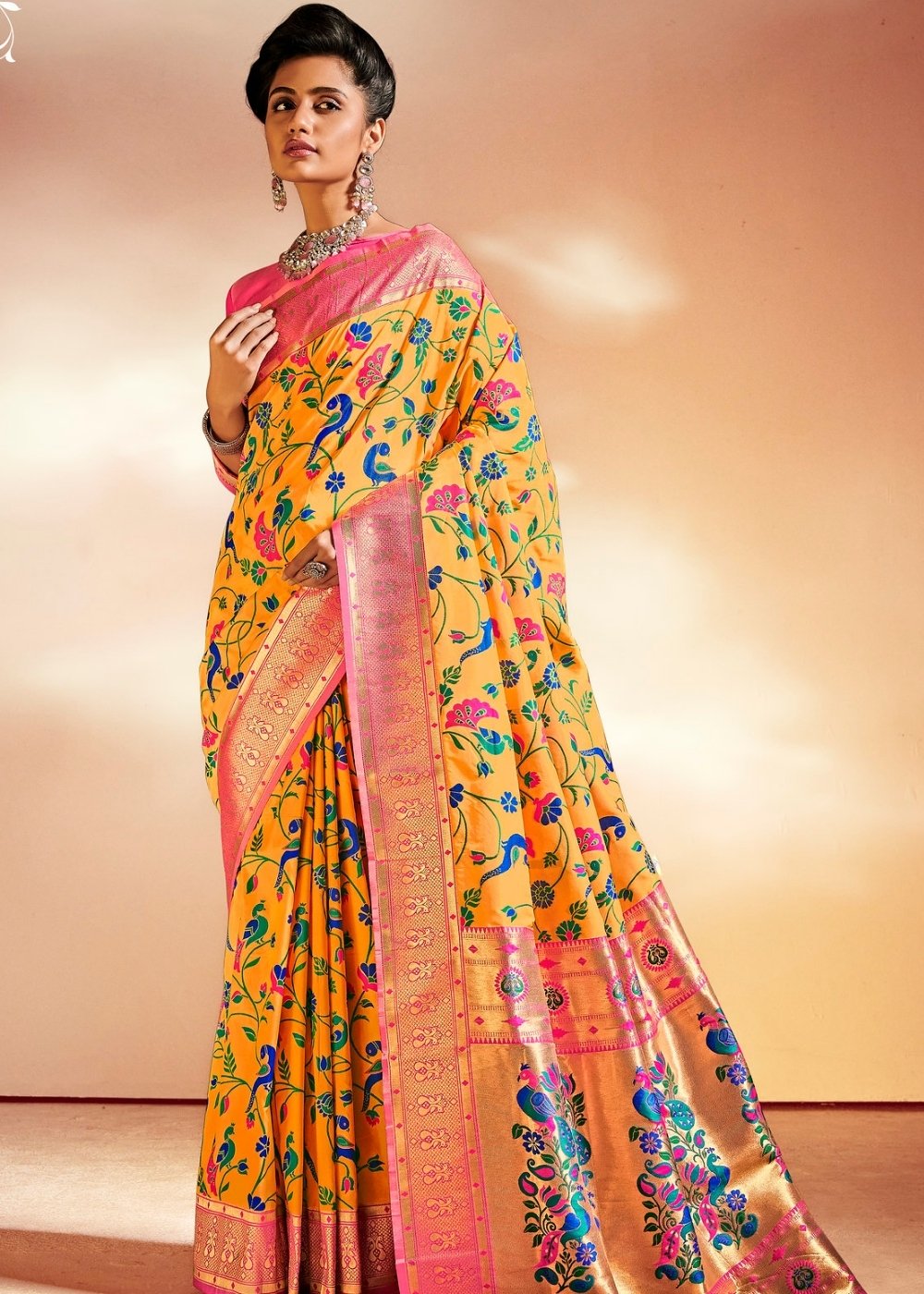 Saffron Yellow Woven Banarasi Paithani Silk Saree Clothsvilla Main image