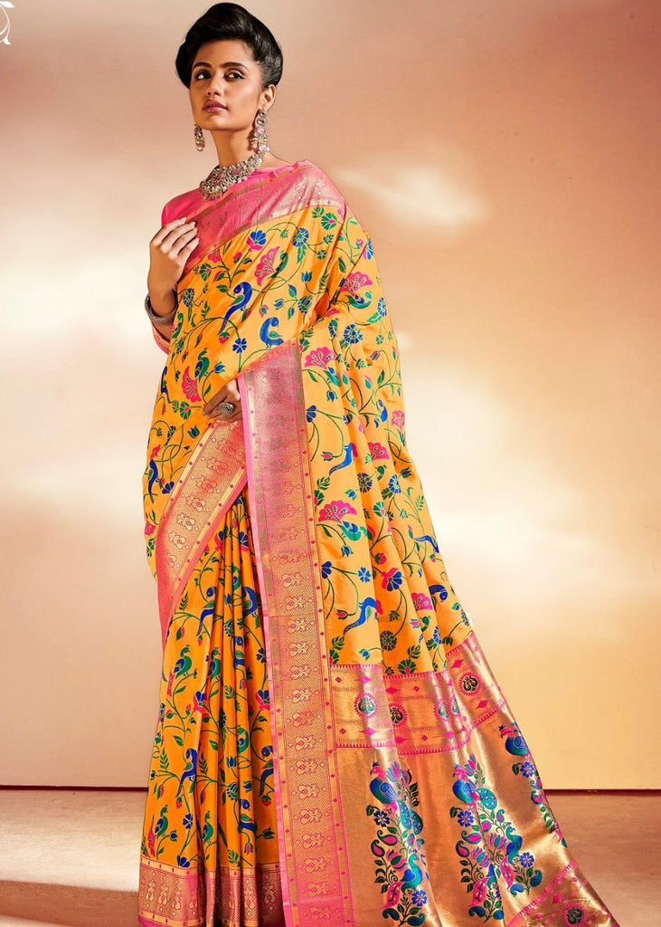 Saffron Yellow Woven Banarasi Paithani Silk Saree Clothsvilla