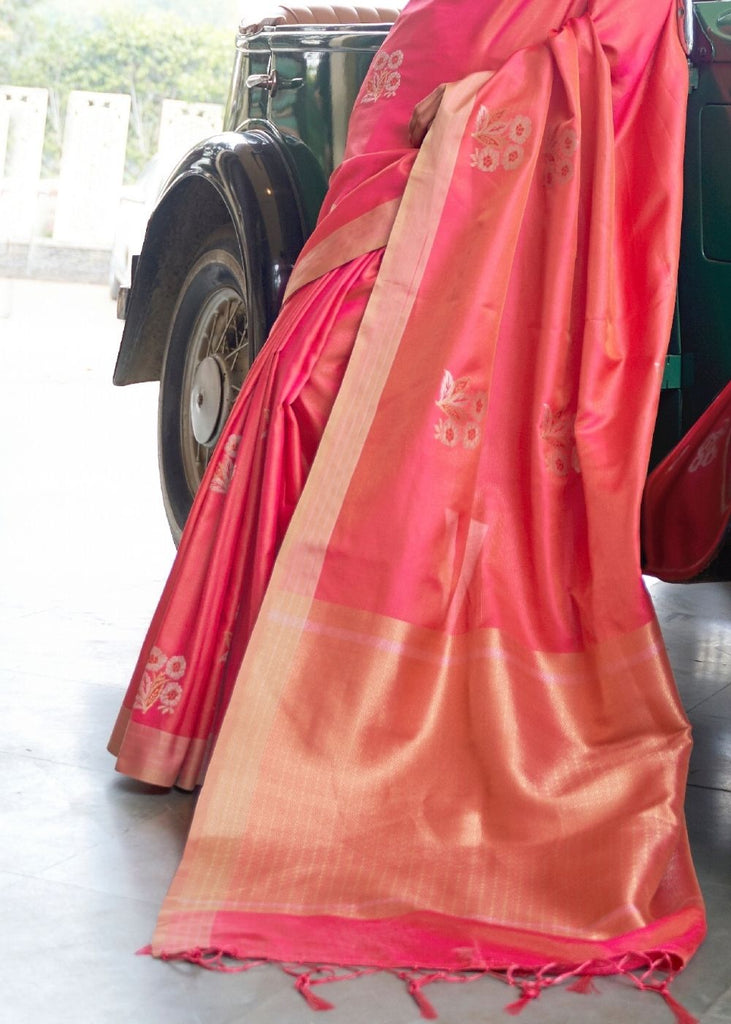 French Rose Pink Zari Butta Banarasi-Chanderi Fusion Silk Saree Clothsvilla