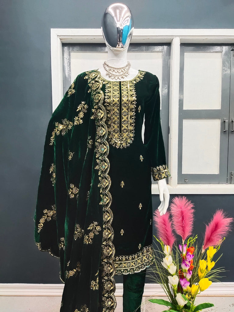 Fashionable Velvet Green Color Salwar Suit Clothsvilla