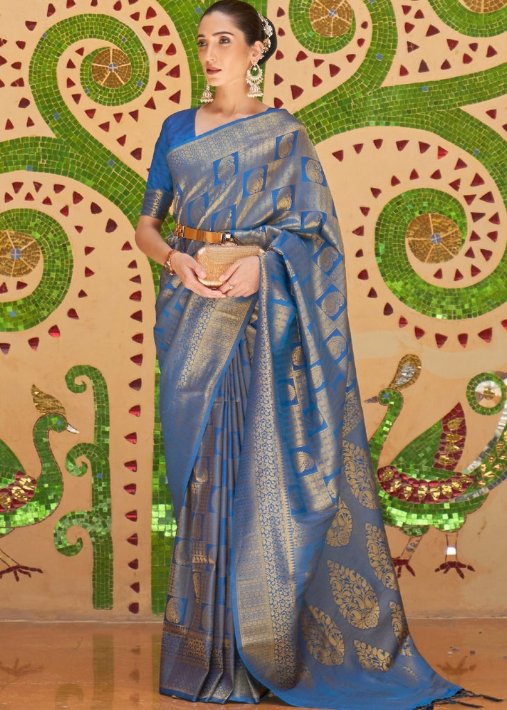 Sapphire Blue Zari Woven Kanjivaram Silk Saree Clothsvilla