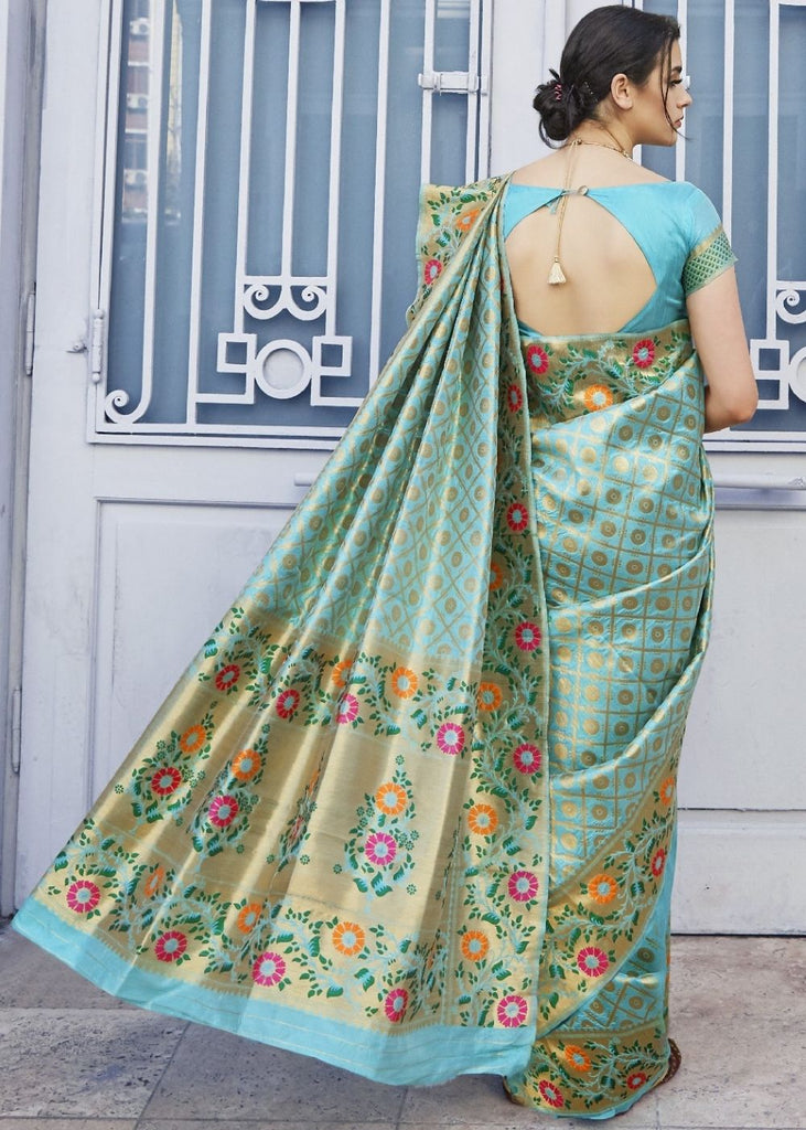 Arctic Blue and Golden Blend Silk Saree with Floral Woven Border and Pallu Clothsvilla