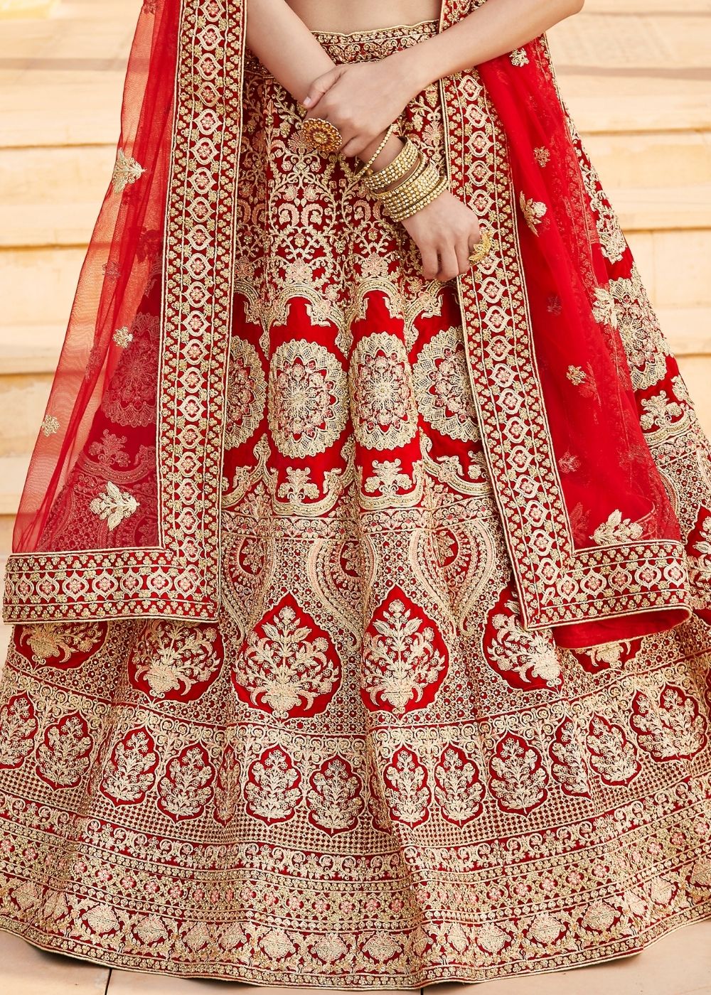 Crimson Red Velvet  Bridal Lehenga Choli with Embroidery & Hand work Clothsvilla