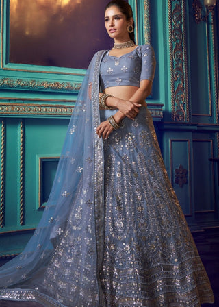 Flint Grey Designer Soft Net Lehenga Choli with Sequin work and Thread work Clothsvilla