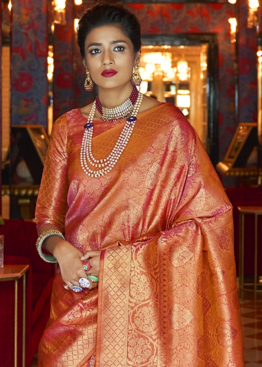 Blush Red and Golden Blend Woven Kanjivaram Soft Silk Saree Secondary image