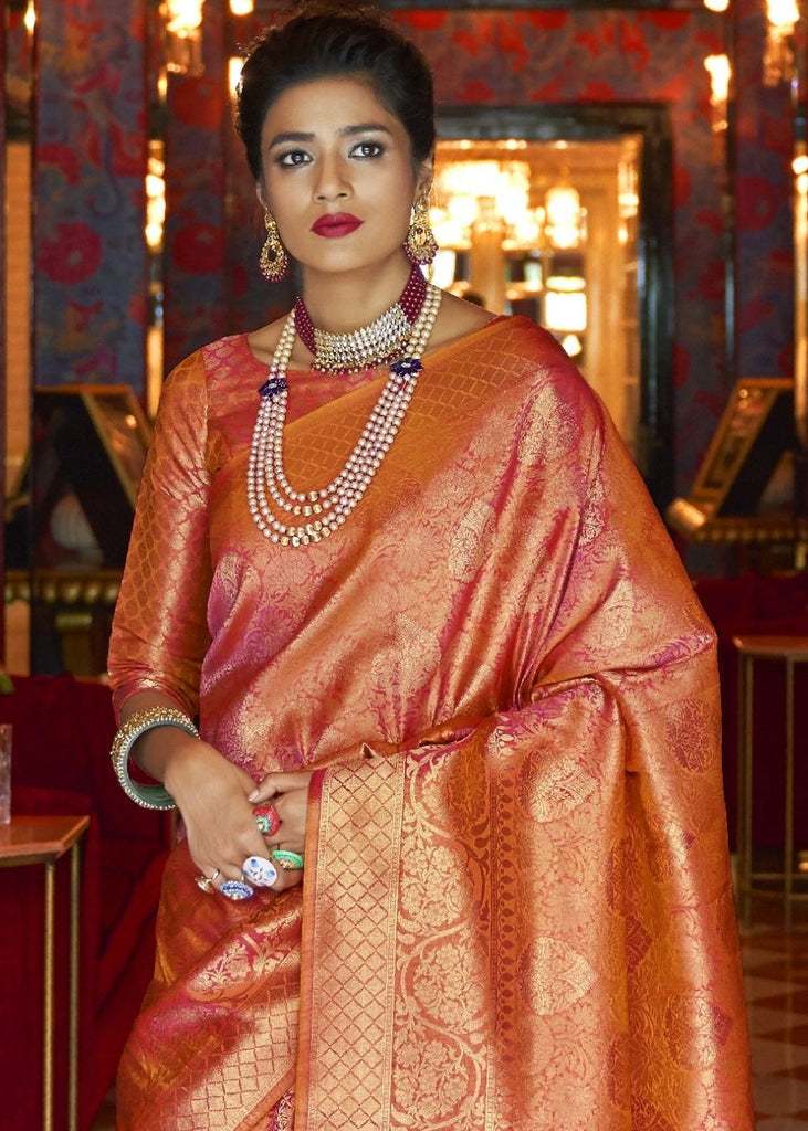 Blush Red and Golden Blend Woven Kanjivaram Soft Silk Saree Clothsvilla
