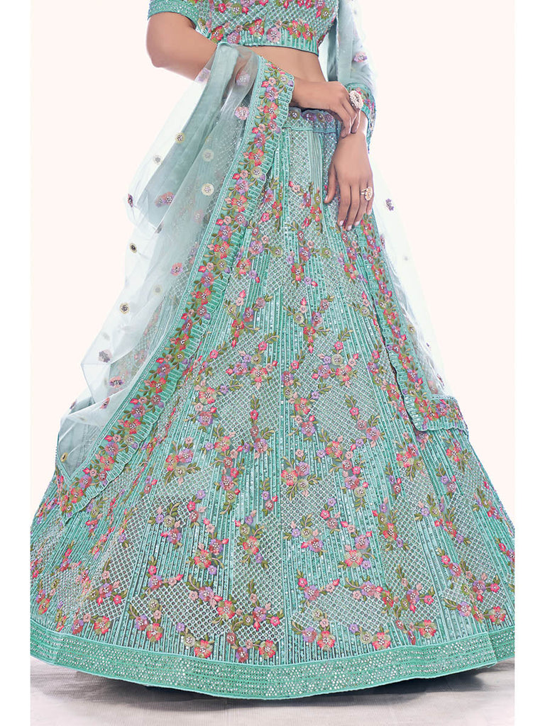 Firozi Soft Net Embroidered Designer Lehenga Choli Clothsvilla