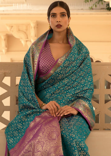 Teal Blue Woven Soft Banarasi Silk Saree with Contrast Pallu & Blouse Clothsvilla