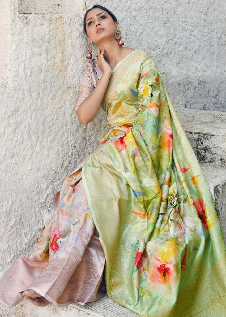 Lime Green Digital Printed Satin Silk Saree Clothsvilla