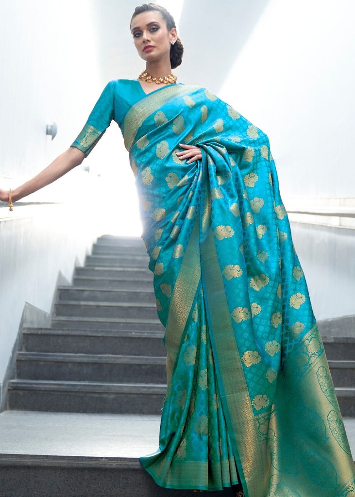 Cerulean Blue Woven Banarasi Silk Saree with overall Butti Clothsvilla