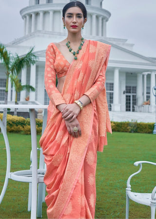 Salmon Orange Lucknowi Chikankari Weaving Silk Saree Clothsvilla